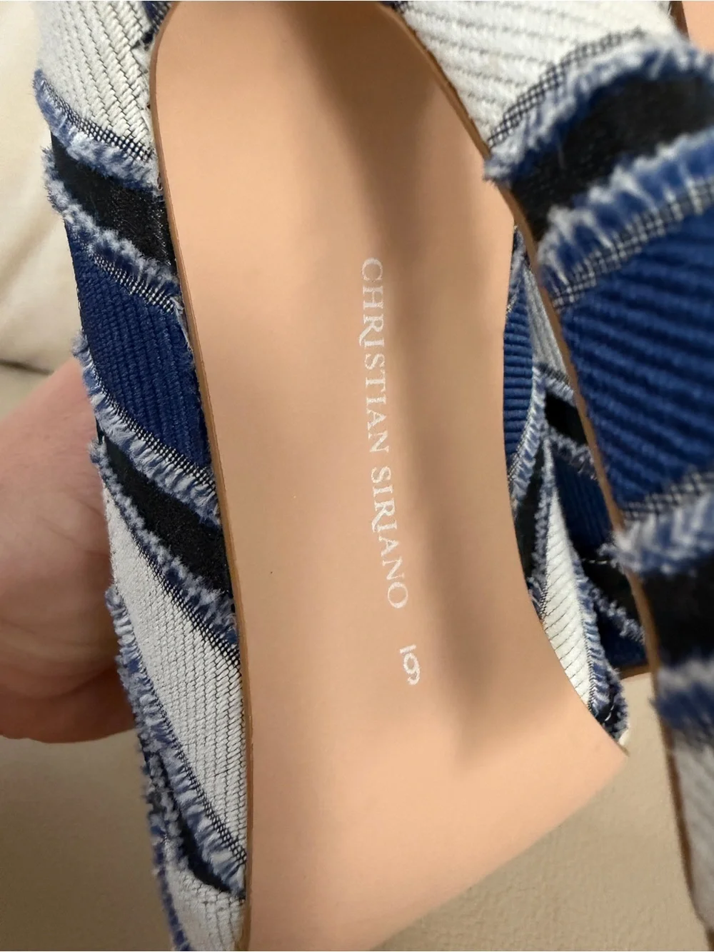 Christian Siriano Navy and White Striped Pointed Pumps with Lime Insole